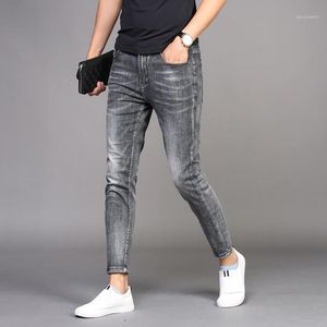 Jeans masculinos denim verão fino tornozelo comprimento calças slim-se ajustam pequenos pés marca casual fumo cinza lápis