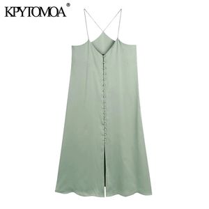 Kvinnor chic mode med knappar mjuk touch midi camisole klänning v nacke tunna band kvinnliga klänningar vestidos 210420