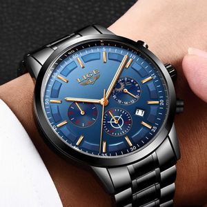 LIGE Men's Waterproof Quartz Watch Full steel Men Watches Dress Business Fashion Casual Sport Moon Phase Black Blue Male Clock 210527