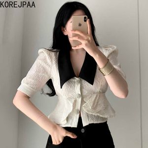 Korejpaaの女性のシャツ夏の韓国のシックなニッチレトロなラペルカラーブロッキング3ボタンラッフルテクスチャパフスリーブブラウス210526