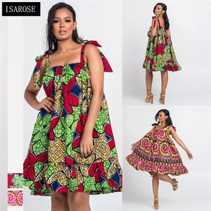 Isaros afrikansk strappy klänning kvinnor justerbar bandage dashiki print överdimensionerad knä längd casual ärmlös gravid klänningar 210422