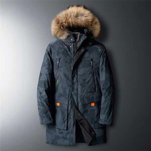 Winter Down Jacket Män Solid Casual Long Parkas Mens Fur Hooded Down Coats Brand Clothing Tjock Varm Herr Windbreaker 4XL 211129