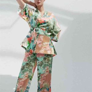 Mulheres verão fashion impressão ternos 2 peças conjuntos za quimono camisas tops e calças femininas casual rua solta roupas 210513