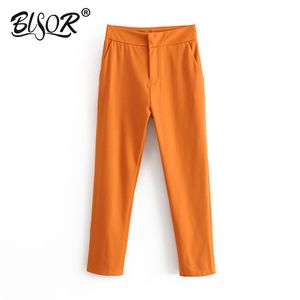 Kvinnor stilig orange långa byxor kontorskläder dragkedja flyktfickor kvinnliga eleganta casual byxor full längd pantaloner 210430