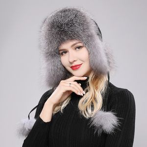 Real Fox Fur Hat Kvinnors Ryska Ushanka Aviator Trapper Snöskidkepsar Earflap Winter Raccoon