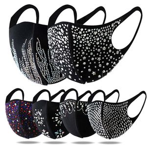 Designer Sequin Face Mask Rhinestone Bling Bomull Mouth Masker för Kvinnor Klassisk Svart Dammskyddad Haze Anti Dust Facemask W-00801