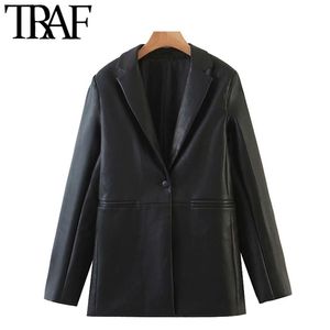 TRAF Moda Fashion Faux Leather Botão Botão Blazers Casaco Vintage Manga Longa Bolsos Feminino Outerwear Chique Tops 211122