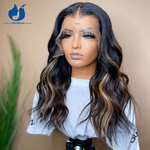 Ametyst Lace Front Human Hair Wigs Pre zepsuty Brazylijski Wave Brown Ombre Remy Blonde Highlight