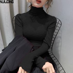 Camicia a maniche lunghe a collo alto con maniche a lanterna femminile in autunno Versione coreana di T-shirt lunga sottile a bolle elastiche da donna 210514