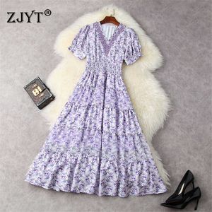 Eleganckie frezowanie V Neck Krótki rękaw Kwiatowy Drukuj Purpury Szyfonowa Sukienka Wakacje Boho Robe Kobiety Elastyczna Talia Midi Vestidos 210601