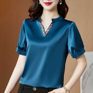 夏の韓国のファッションシルクの女性のブラウスサテン半袖シャツオフィスの女性のブリューズプラスサイズxxxl / 5xlピンクレディーストップ210531