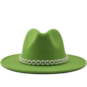 Kvinnor ull fedora hatt med pärla band gentleman elegant dam vinter höst bred brim kyrka panama sombrero girl jazz cap