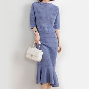 Autumn Korean Elegant Knitted Two Piece Set For Women Hollow Out Pullover Sweater Top + Bodycon Mermaid Skirts Suits 2 210514