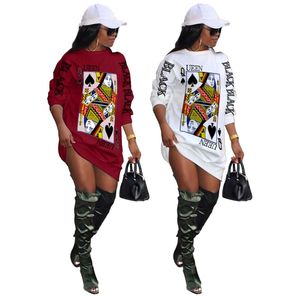 Poker Print Casual Tshirt Dress Women Loose Streetwear Long Sleeve T Shirt with Black Queen Letter 211022