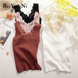 Sexy Crop Top Women Summer Knitted Lace Vest Slim Party Deep V Sleeveless Camis Female Solid Casual Camisole Tops 210506