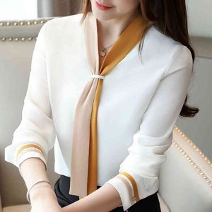 Мода женщина блузки бабочка галстука V-образным вырезом офисные дамы топы длинные рукава шифон блузка женские топы женские вершины и блузки C35 210426