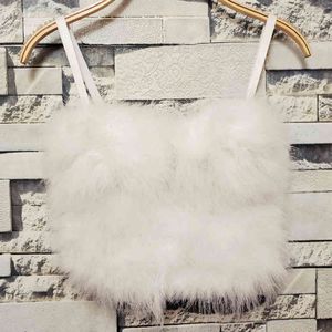 Summer Women Red Spaghetti Strap senza maniche Mini Top Sexy White Feathers Club Evening Celebrity Party Crop 210423