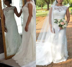 Pełna koronkowa syrenka sukienki ślubne Suknia ślubna pociąg Szybkowana Szycie Seksowna aplikacja bez rękawów