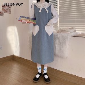 Ulzzang giapponese Autunno Primavera Donna Lolita Dress Retro Abiti di velluto a coste Peloso Tasca Cuore Cute Girl Abito Abito Abiti larghi 210520