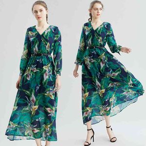 활주로 가을 휴가 여성 우아한 긴 소매 V 넥 녹색 꽃 인쇄 보헤미안 해변 쉬폰 맥시 드레스 벨트 210416