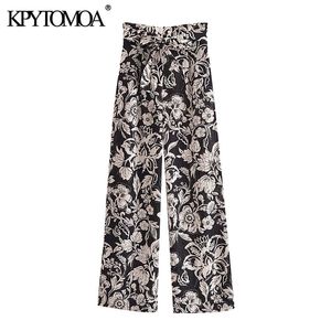 Women Chic Fashion With Belt Floral Print Straight Pants Vintage High Waist Side Pockets Female Trousers Mujer 210416