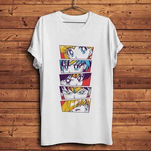 귀여운 선원 눈 재미있는 티셔츠 옴므 여름 짧은 소매 kawaii 애니메이션 티셔츠 남자 화이트 캐주얼 티셔츠 유니섹스 G1222