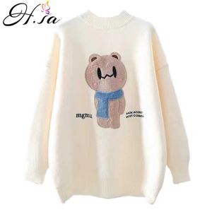 H.SA Frauen Übergroße Niedliche Pullover und Pullover Cartoon Bär Pullover Casual Pull Jumper Weiß Pullover Tops sueter Mujer 210716