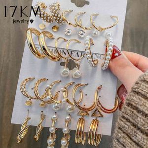 17 KM Moda Inci Hoop Küpe Charm Set Kadınlar Geometirc Altın Metal Daire Küpe Brincos 2021 Trend Takı Hediye