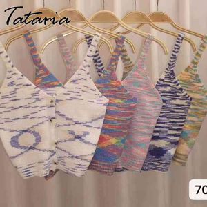 Sexiga vågmönster knappar Backless Sling Toppar V-Neck stickad väst Kvinnors Tie Dye Slim Ärmlös Tank Top Striped Knit Kvinna 210514