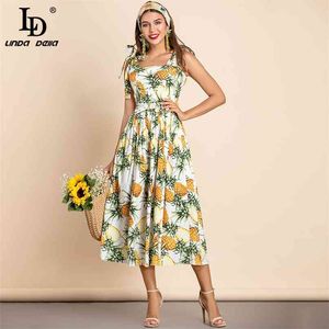 Summer Fashion Cotton Elegant Vacation Dress Women Spaghetti Strap Pineapple print Bohemian Midi Dresses 210522