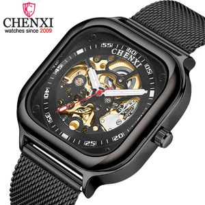 chenxi 브랜드 탑 기계적 손목 시계 스퀘어 메쉬 밴드 블랙 자동 시계 Q0524에 대 한 방수 비즈니스 디자인