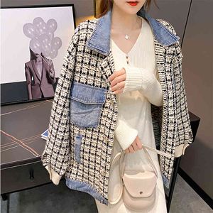 Spring Style Navy Collar Patchwork Thousand Bird Grid Short Loose Woolen Thickened Coat Female 8D114 210510
