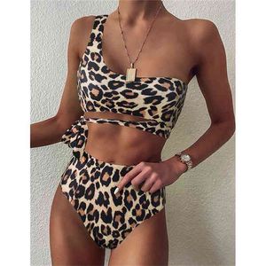 Swimsuit mulheres biquíni mulheres sexy um ombro empurrar leopardo alta cintura swimwear maiô conjunto 210702