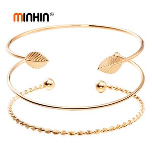 Minhin Fashion Open Leaf Manschett Armband Bangles För Kvinnor Enkel Guldfärg Armband Bracelet Ladies Charma Armband 3pcs / Set Present Q0719