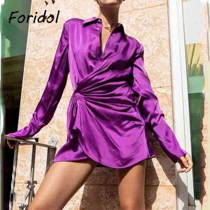 Shirred Cetim camisa vestido mulheres manga longa senhoras festa de curto festa roxo botão para cima primavera outono senhoras vestido 210415