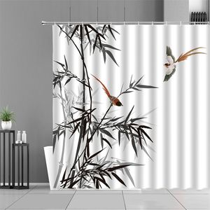 Tinta pintura de bambu folhas pássaro chuveiro cortinas montanha água planta paisagem impermeável banheiro cortina chinês decoração 210915
