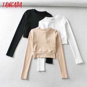 Tangada Women Basic Strethy Crop Cotton T Shirt manica lunga O Neck Tees Ladies Casual Tee Shirt Street Wear Top CH7 210609