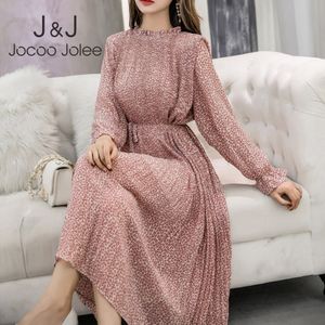 JOCoo Jolee Kobiety Elegancki Koreański Stojak Kołnierz Kwiatowy Druku Sukienka Lato Slim Szyfonowe Suknie Midi Dresses Casual Długa Dress 210518