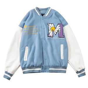 Frühling Herbst Baseballjacke Männer Wildleder Daisy Biene Handtuch Stickerei Harajuku Casual Streetwear College Patch Leder Bomber Mantel 211110