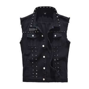 Kamizelka denim Mężczyźni Punk Rock Rivet Cowboy Czarne dżinsy Kamizelka Moda Motocykl Styl Bez Rękawów Kurtka M-5XL 210923