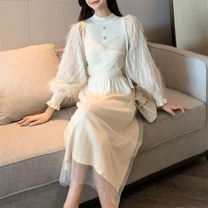 High Quality Autumn Winter Tassel Mesh Patchwork Knit Sweater Dress Women Korean Fashion Pull Casual Long Christmas Robe 210514