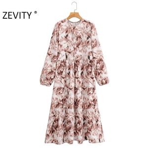 Kobiety Vintage O Neck Flower Print Casual Prosta Sukienka Office Lady Z Długim Rękawem Kimono Vestido Chic Koszula Suknie DS4495 210420