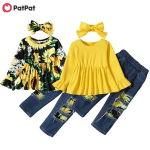 Ankomst Vår och Summer 2-Piece Baby Toddler Sunflower Top Denim Byxor sätter barnkläder 210528