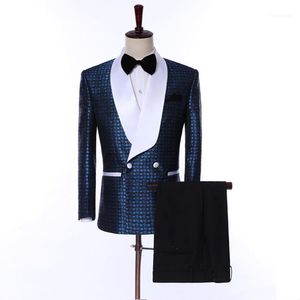 Мужские костюмы Blazers Blazers Asian Size Fashion Men Suit Blue Blue Plide Print 2 Piece Набор 2021 Последние Slim Fit Designs Wedding Mens Suits1