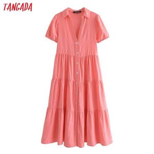 Tangada moda mulheres algodão rosa patchwork camisa vestido vintage manga curta escritório senhoras midi vestido 3h514 210609