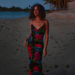 Богемное женское платье лето пляж Sundress Floral Print Spaghetti ремешок сексуальные вечеринки платья для женщин Black Maxi платье Vestidos 210419