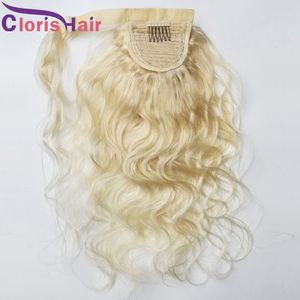 613 Blonde gewellte Wrap-Around-Pferdeschwanz-Echthaar-Clip-On-Extensions Rohe reine indische Körperwelle Pferdeschwanz-Haarteil-Clip-Ins für Frauen