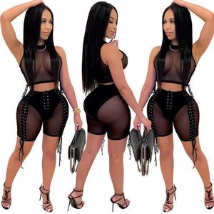 Sexy Women Two Piece Set See Through Bandage Sleeve Crop Top + Pantaloni corti Party Night Clubwear Outfit Suit per le donne Y0625
