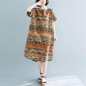 Oversized Mulheres Algodão Linho Vestido Casual Nova Chegada Verão Vintage Estilo Floral Impressão Solta Feminino Longo Vestidos S3781 210412