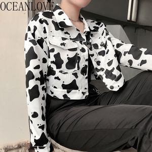 Vaca Impressão Mulheres Casacos Outono Curto Coreano Streetwear Moda Mujer Chaqueta Preto Branco Gótico Roupas 17623 210415